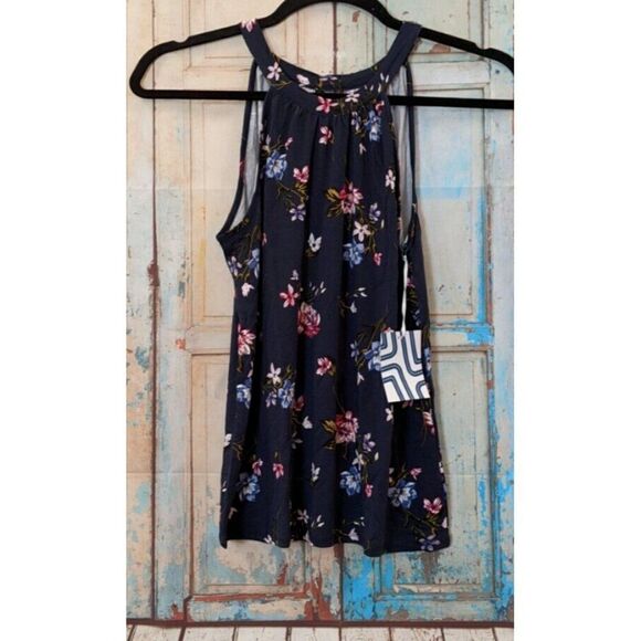 Market & Spruce Women's Size Medium Blue Floral High Neck Sleeveless Tank Top - Picture 2 of 9